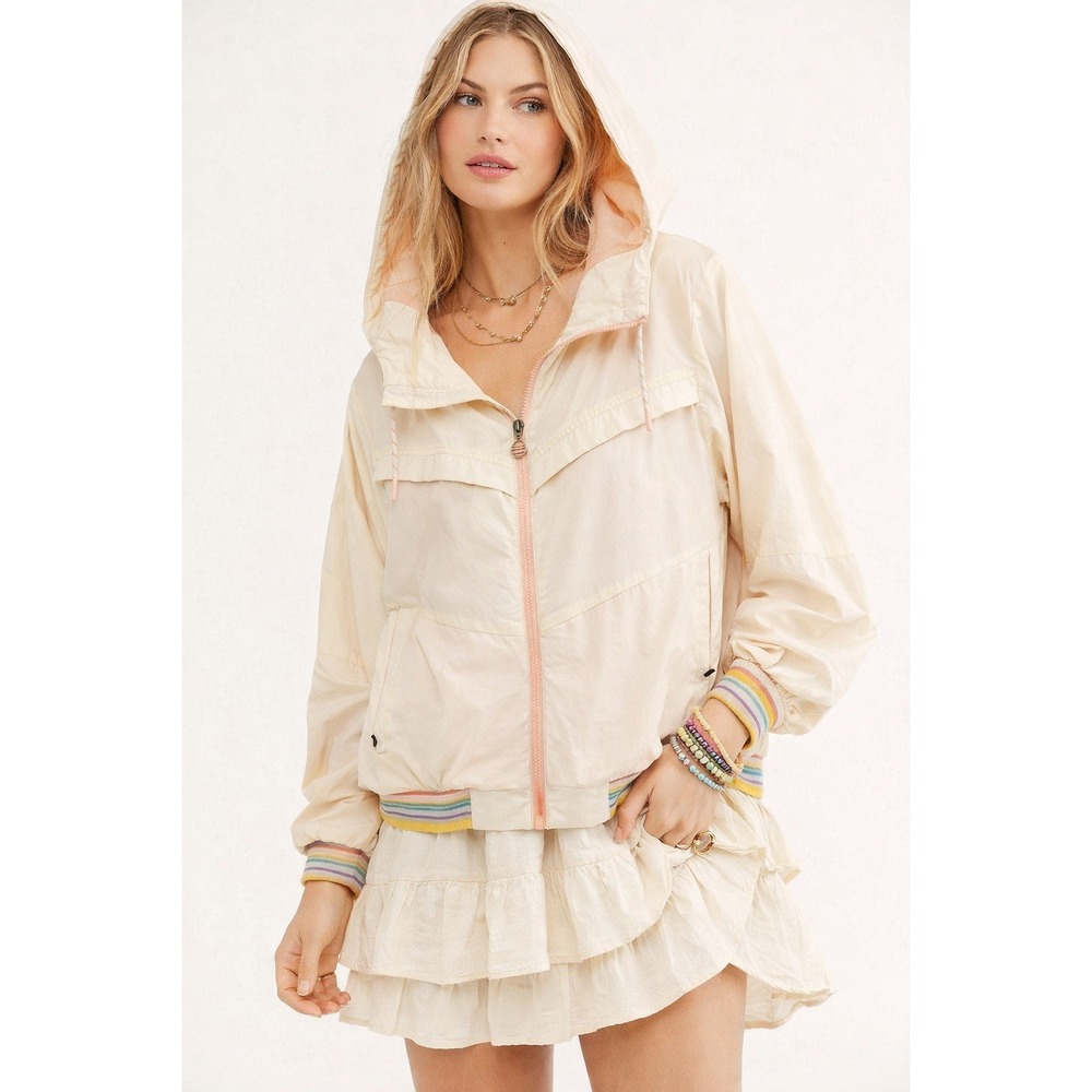 Marine Layer Cream Hooded Windbreaker Jacket with Pink Trim